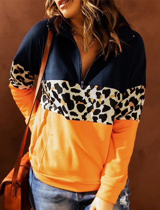 Black & Orange Leopard Print Quarter Zip