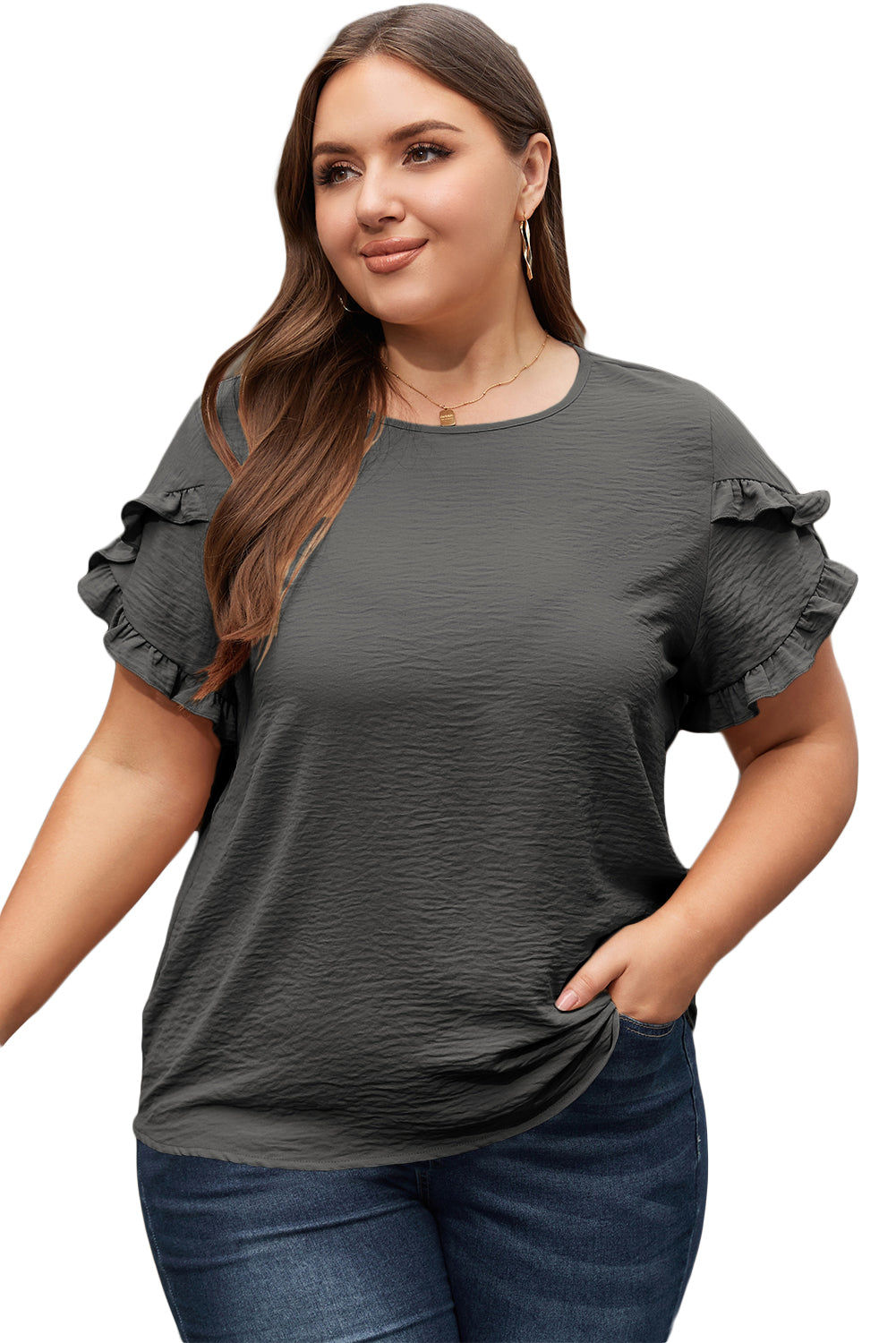 Dark Grey Ruffled Short Sleeve Plus Size Top