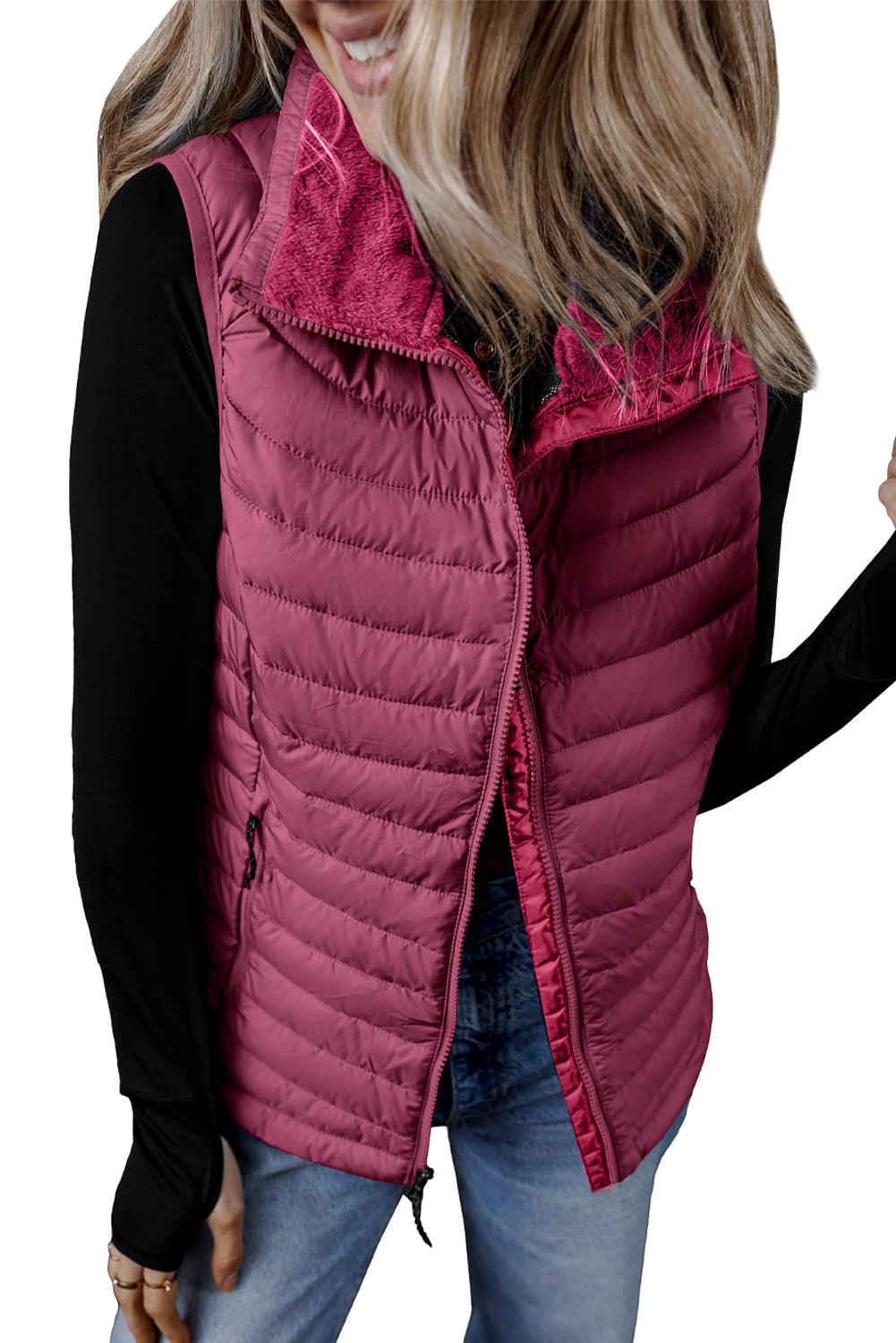 Silvery Plush Collared Quilted Zipped Puffer Vest