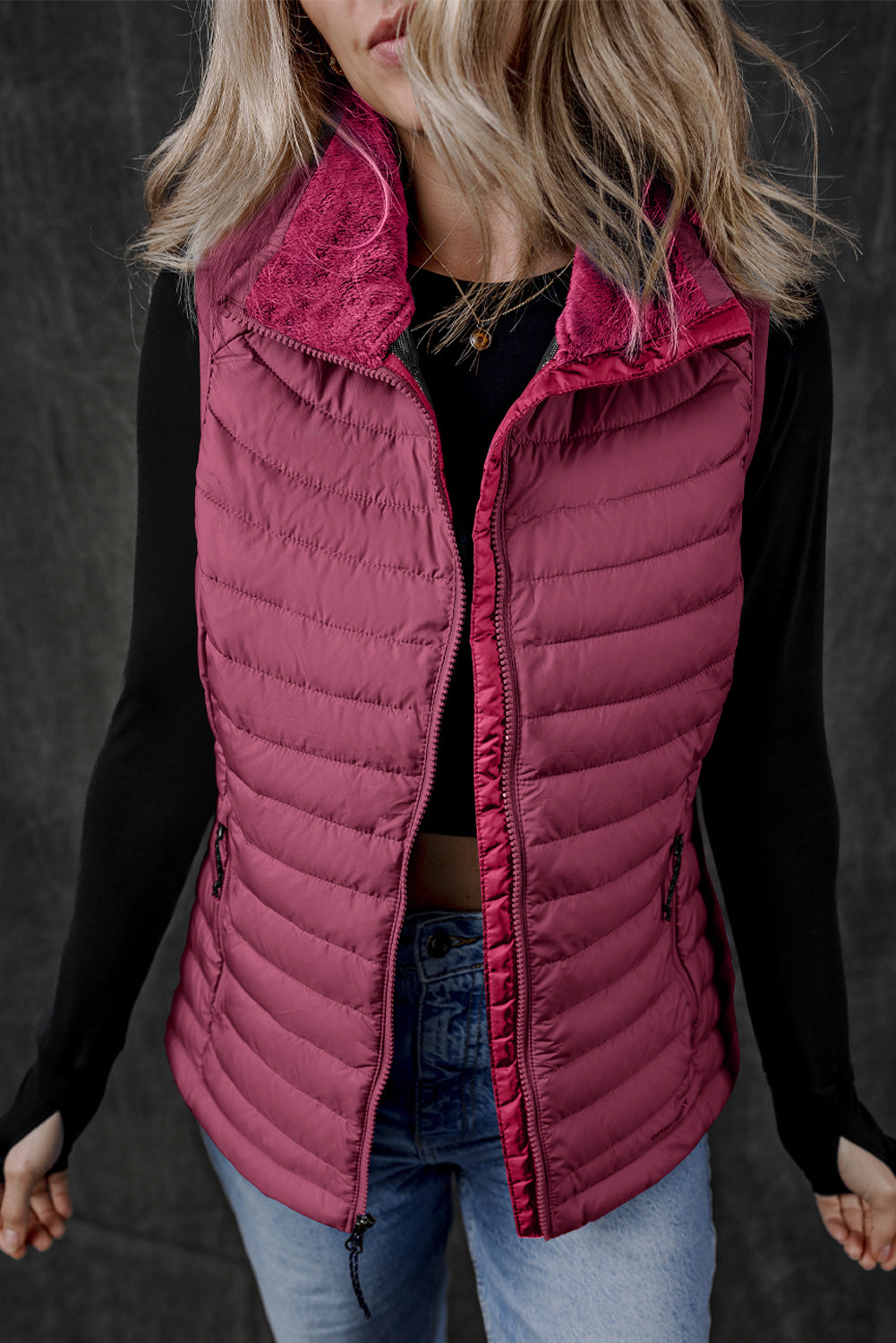 Silvery Plush Collared Quilted Zipped Puffer Vest