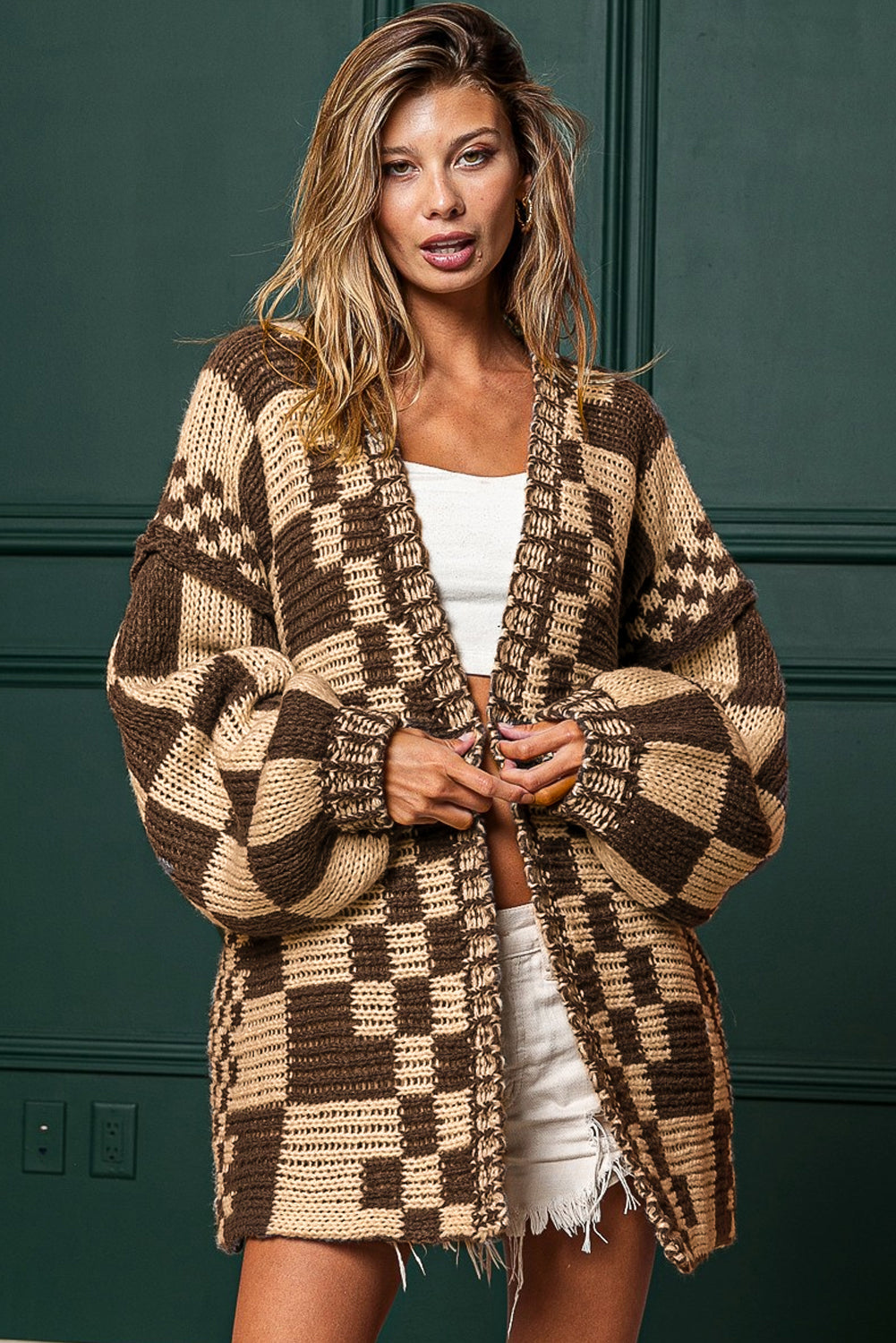 Dark Grey Colorblock Checked Loose Fit Open Front Knitted Cardigan