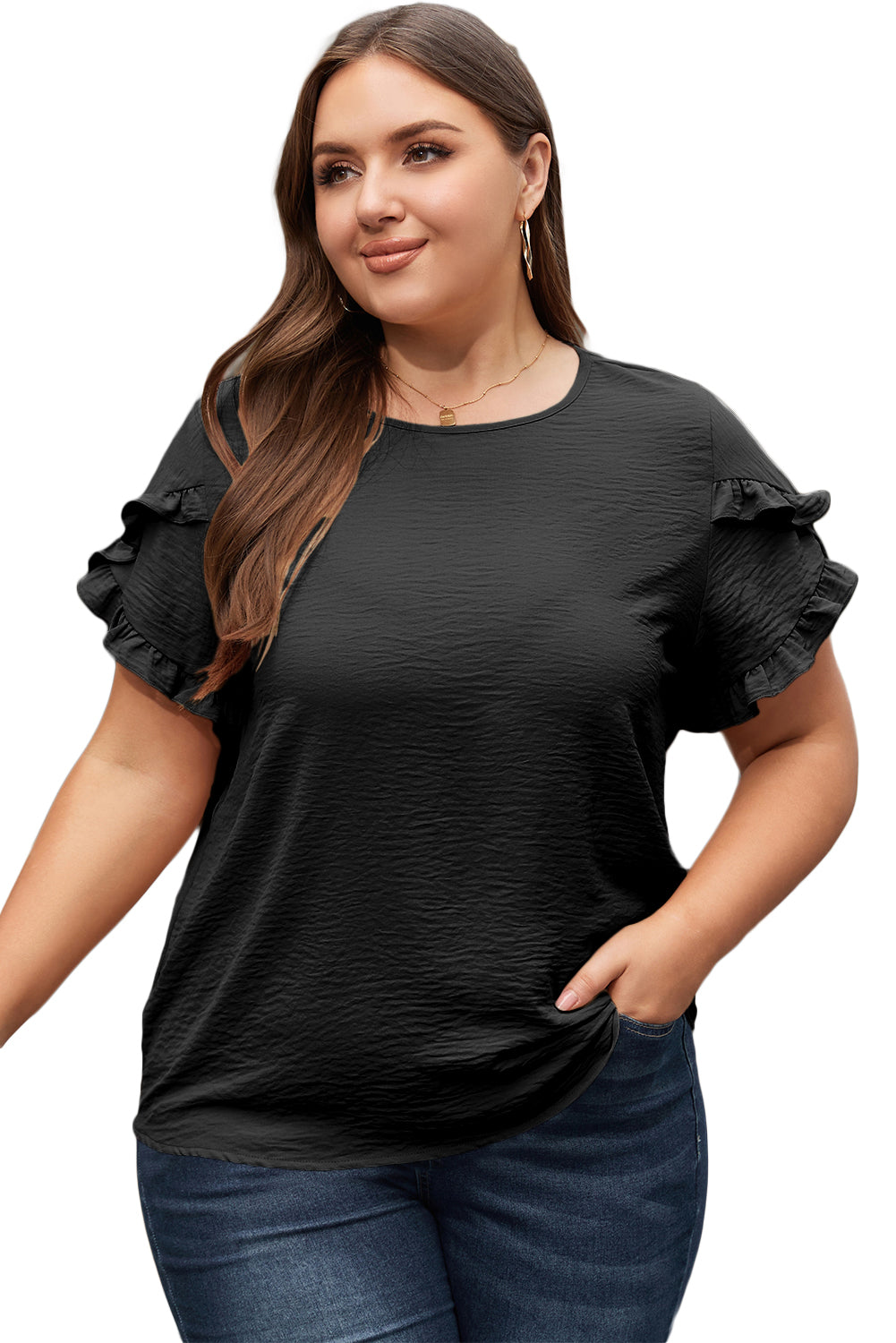 Dark Grey Ruffled Short Sleeve Plus Size Top