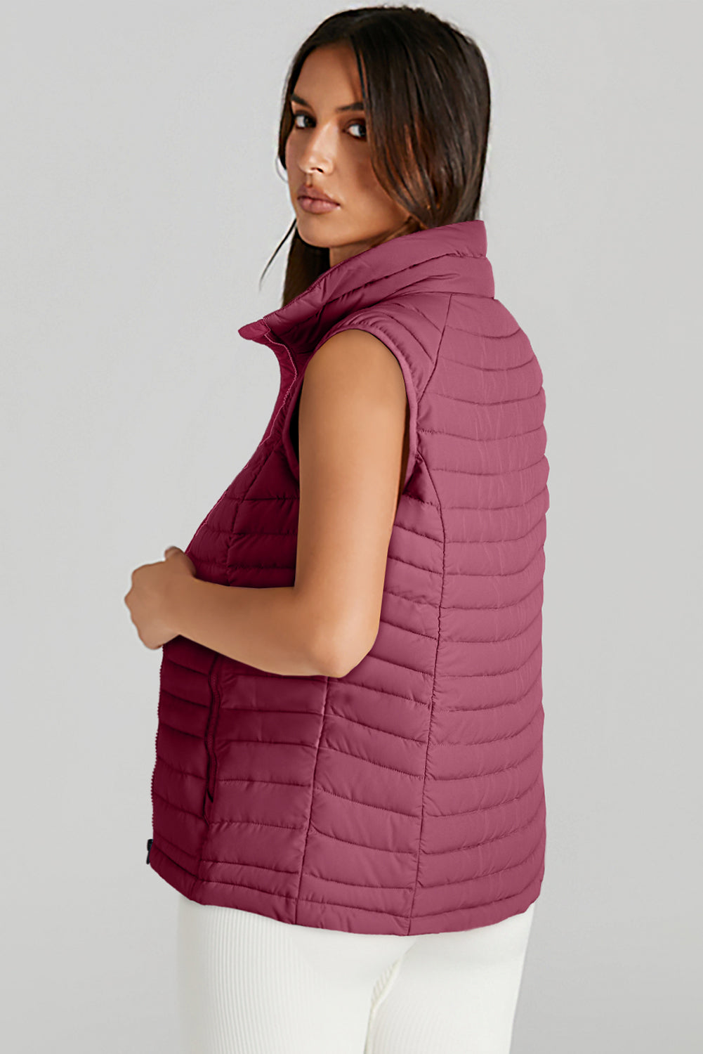 Silvery Plush Collared Quilted Zipped Puffer Vest