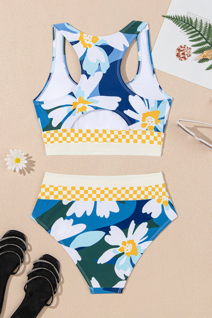 Green Floral Print Racerback High Waist Bikini Swimwear