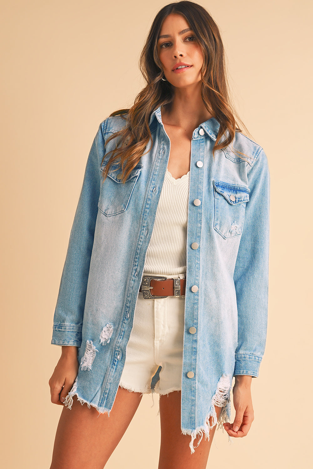 Sky Blue Light Wash Distressed Frayed Long Denim Jacket