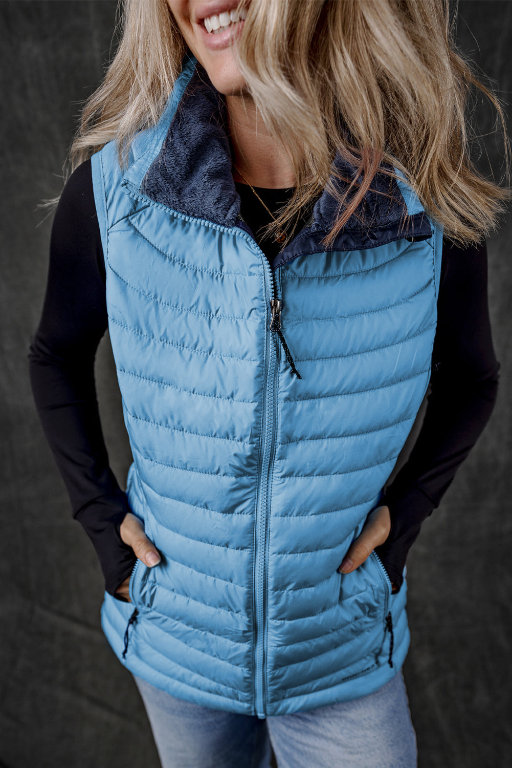 Silvery Plush Collared Quilted Zipped Puffer Vest