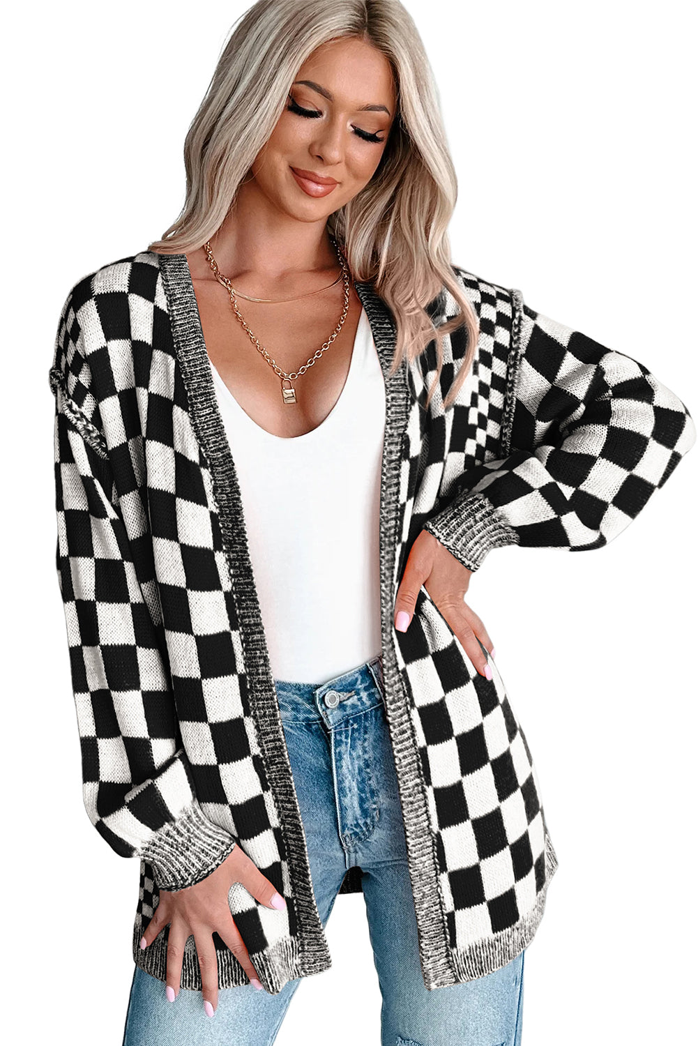 Orange Checkered Open Front Drop Shoulder Cardigan