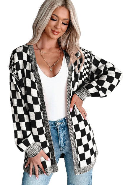 Orange Checkered Open Front Drop Shoulder Cardigan