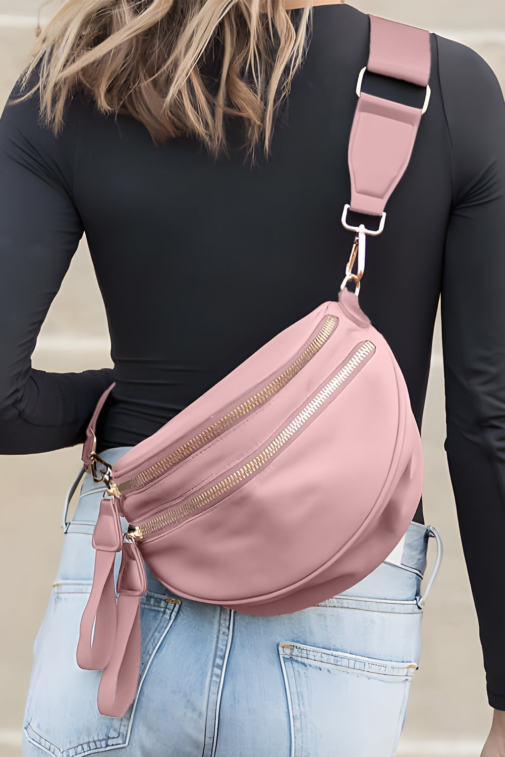Black Wide Strap Zipper Crossbody Bag