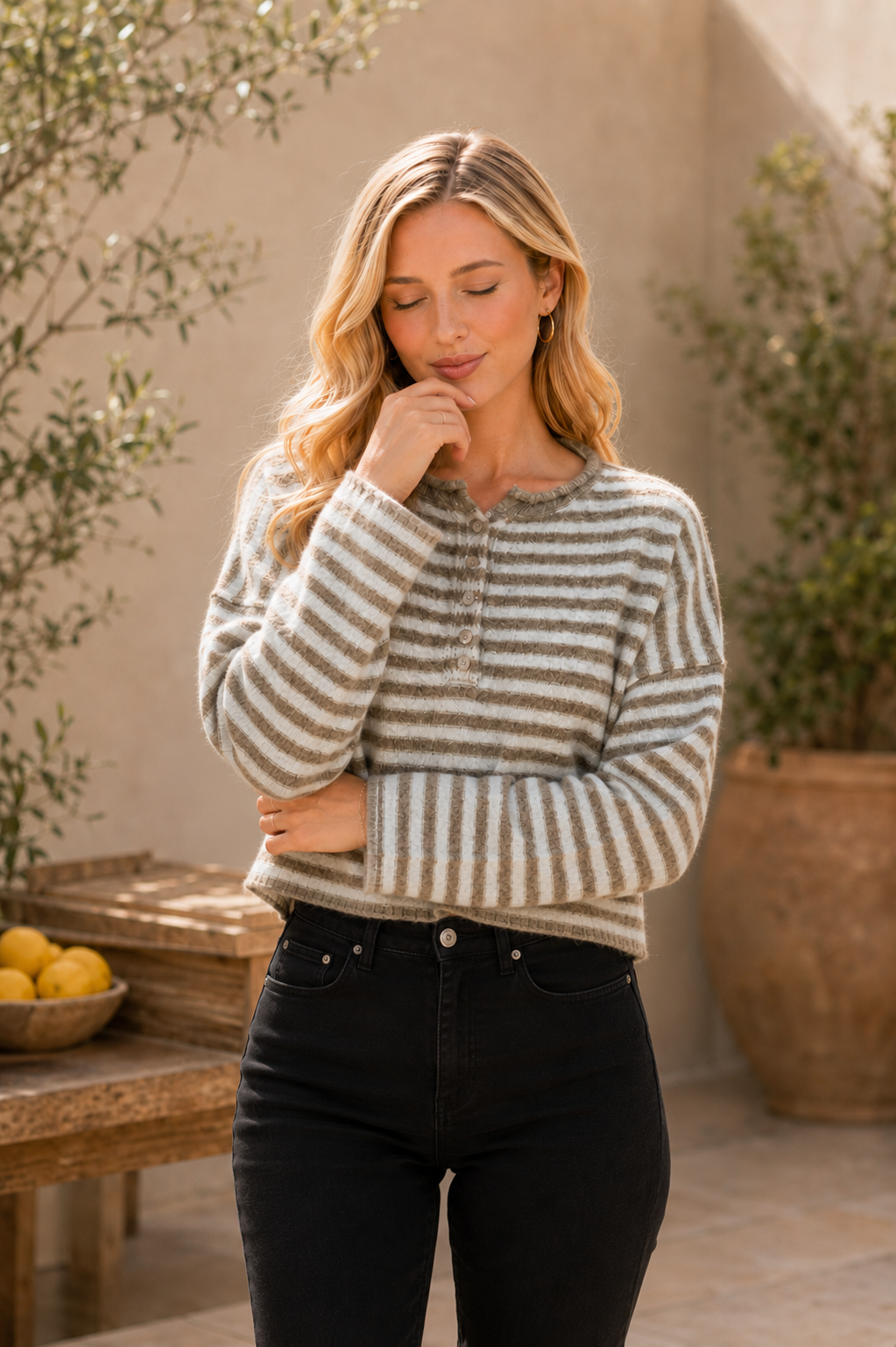 Striped Crew Neck Long Sleeve Top w/ Button Details