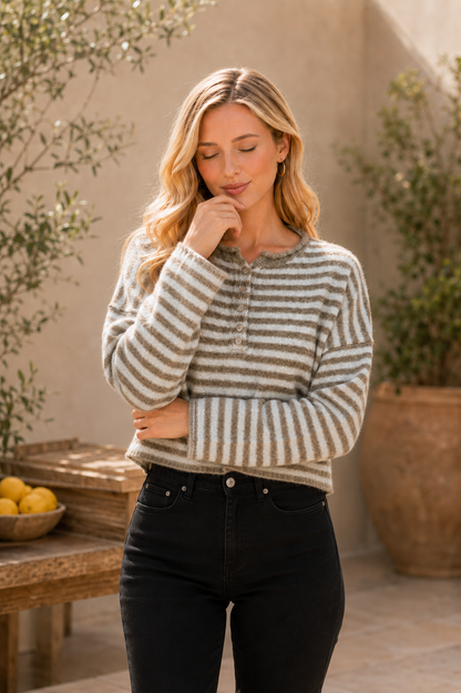 Striped Crew Neck Long Sleeve Top w/ Button Details