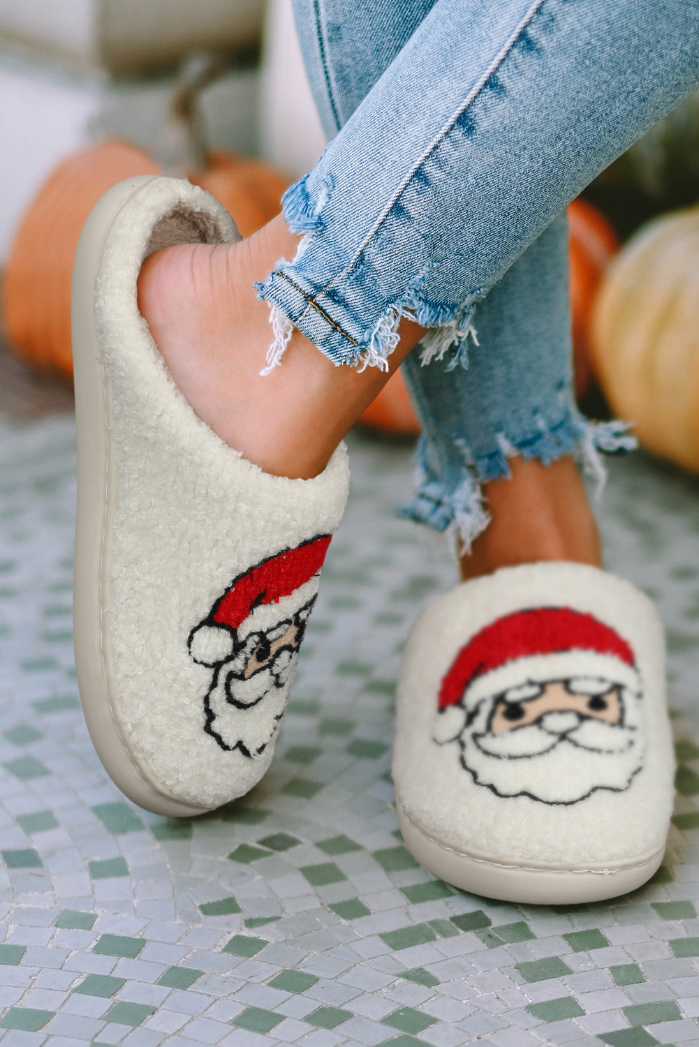 White Christmas Santa Claus Graphic Plush Slippers