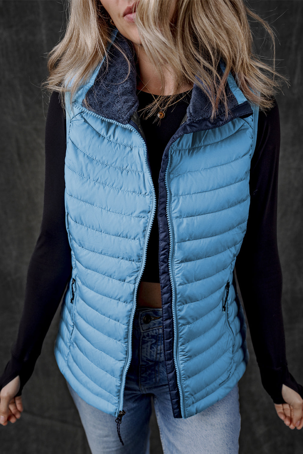 Silvery Plush Collared Quilted Zipped Puffer Vest