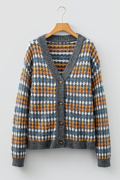 Multicolour Dotty Pattern Button Front V Neck Knit Cardigan