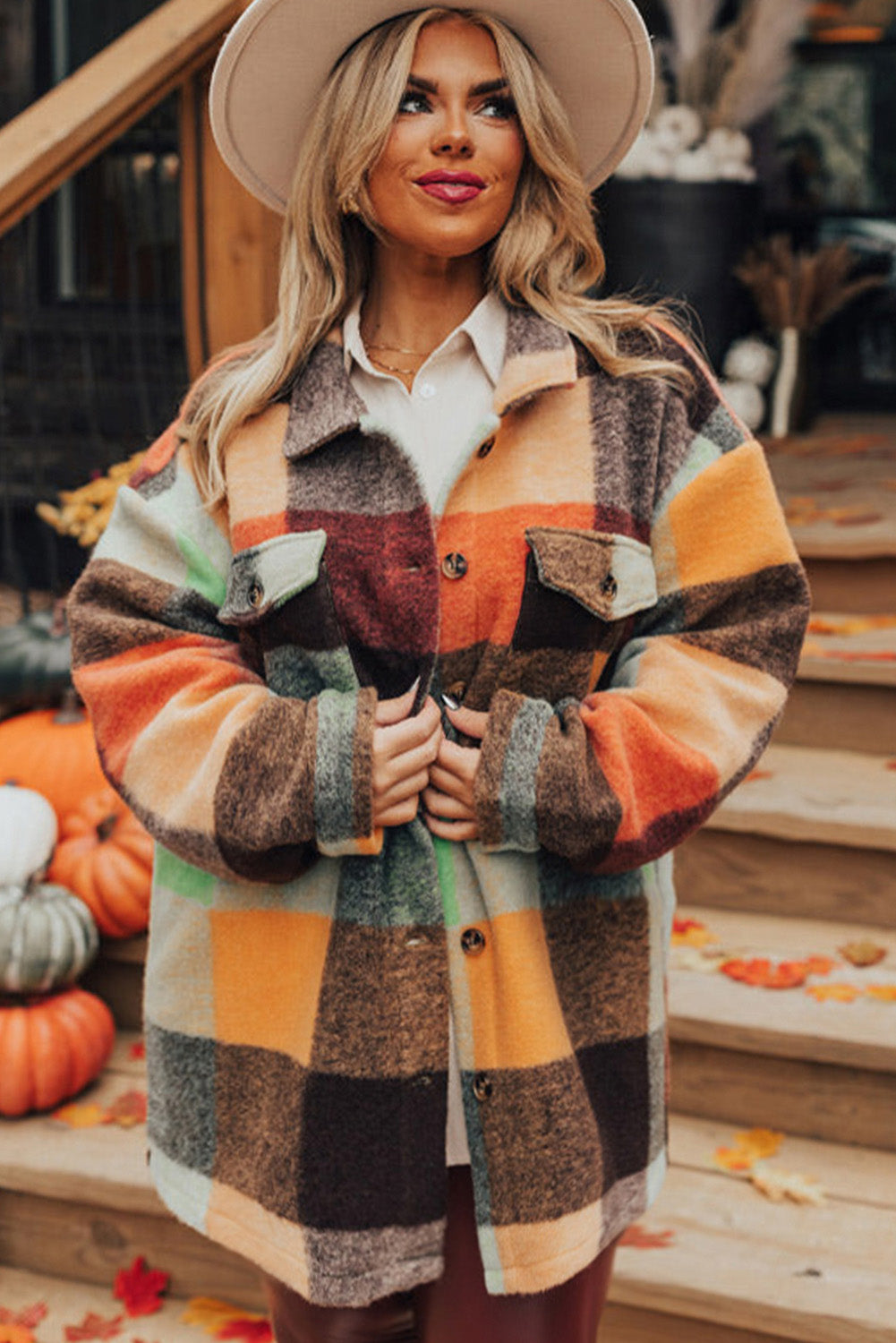 Orange Plaid Print Flap Pocket Shacket