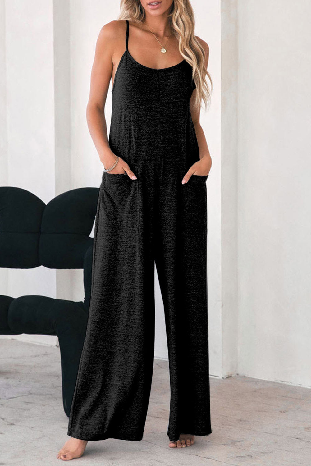 Black Loose Fit Side Pockets Spaghetti Strap Wide Leg Jumpsuit