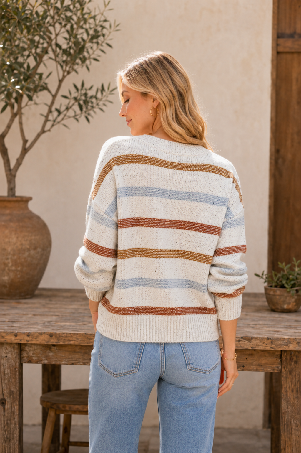 Relaxed Striped Round Neck Ribbed Trim Sweater