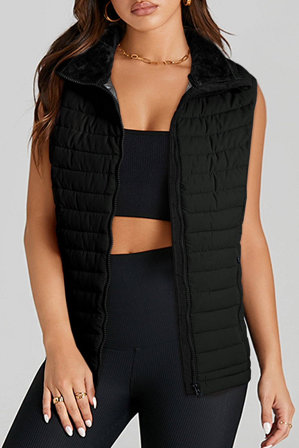 Silvery Plush Collared Quilted Zipped Puffer Vest