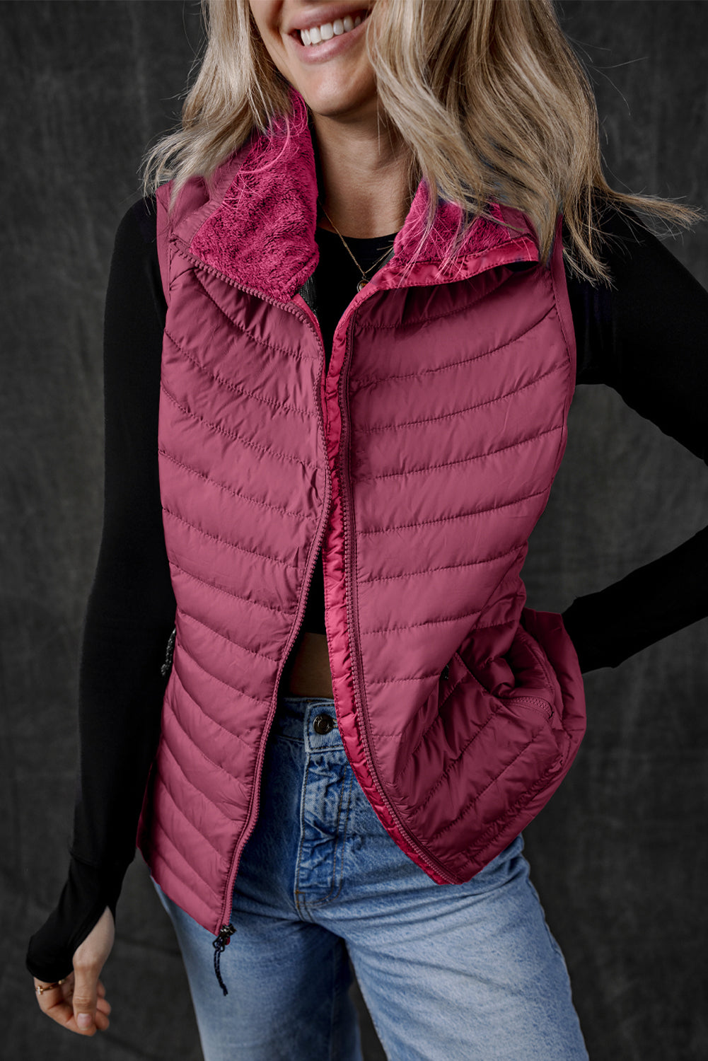 Silvery Plush Collared Quilted Zipped Puffer Vest