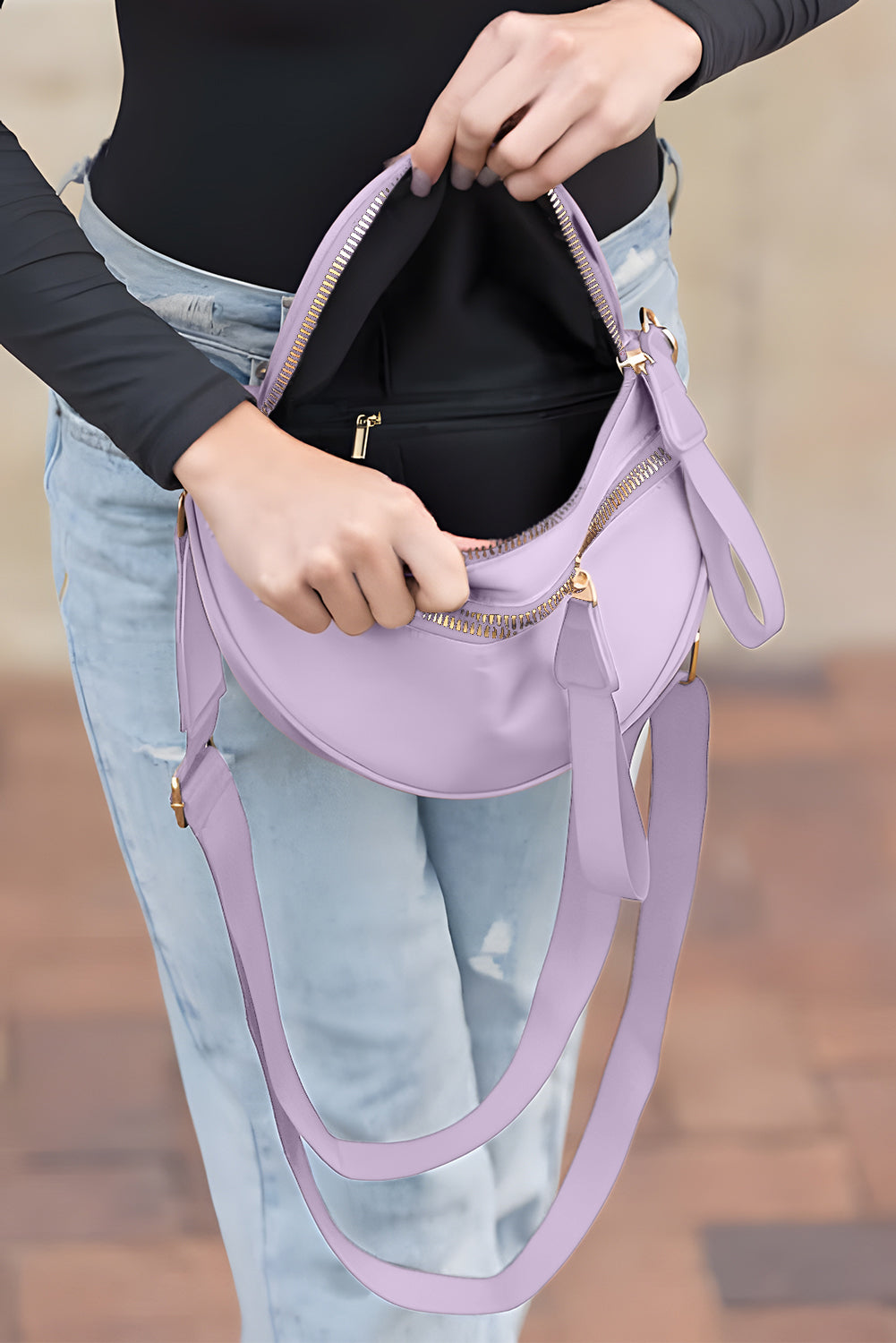 Black Wide Strap Zipper Crossbody Bag