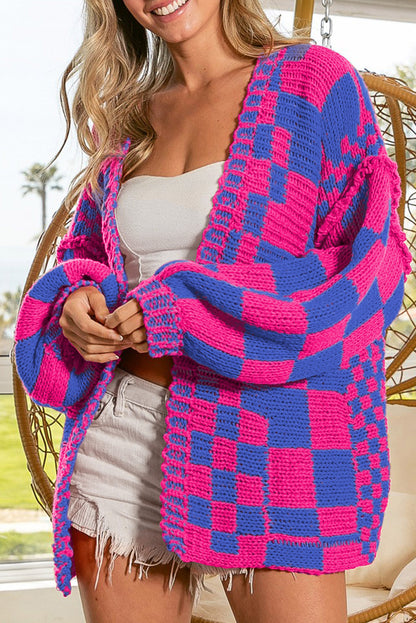 Dark Grey Colorblock Checked Loose Fit Open Front Knitted Cardigan