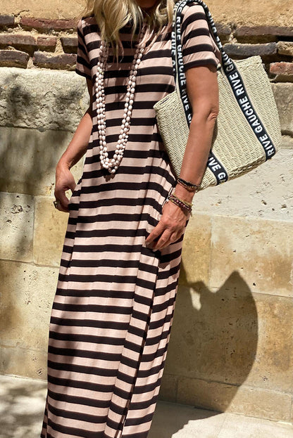 Black Striped Side Pockets T-shirt Maxi Dress