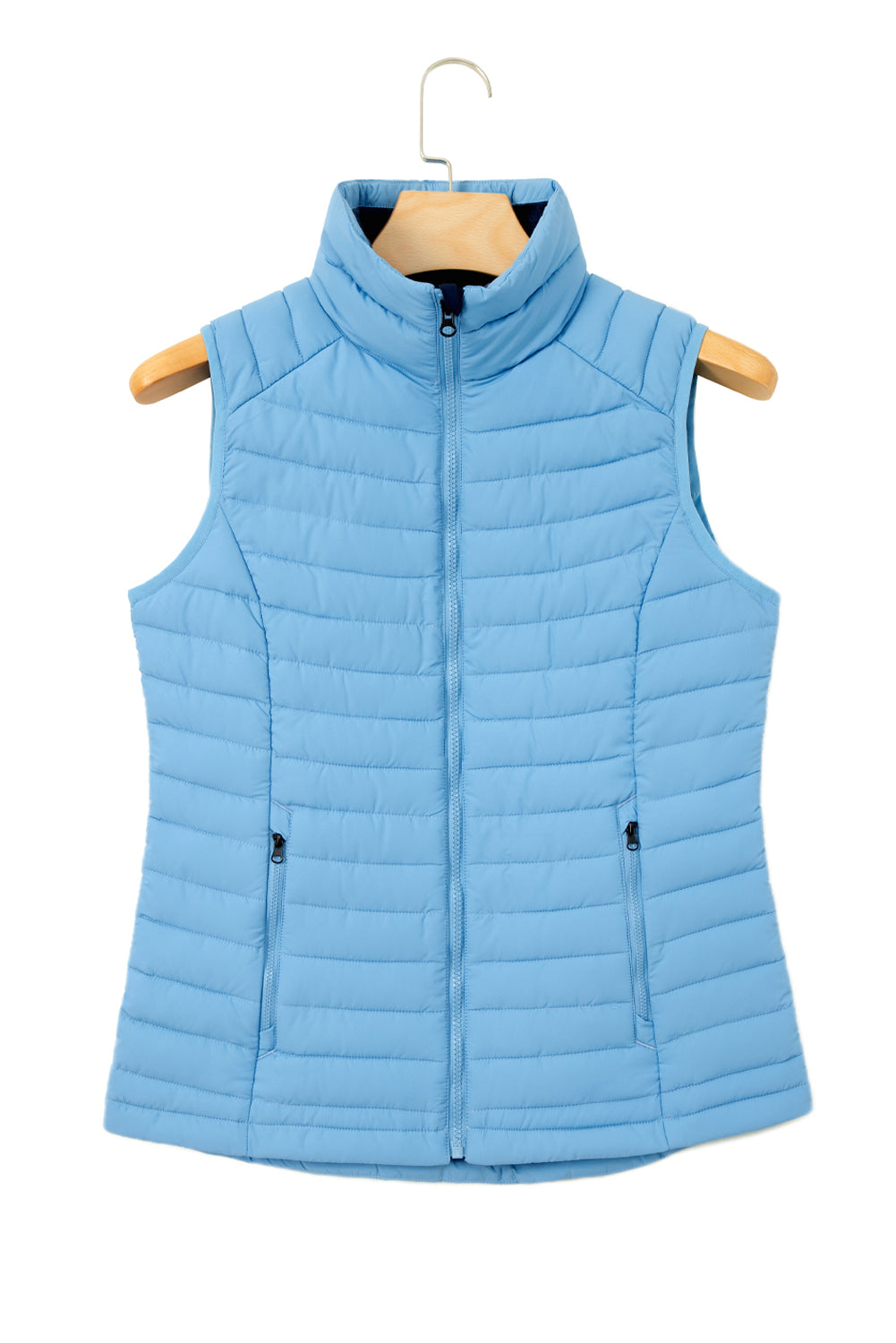 Silvery Plush Collared Quilted Zipped Puffer Vest