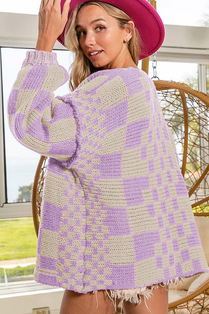 Dark Grey Colorblock Checked Loose Fit Open Front Knitted Cardigan