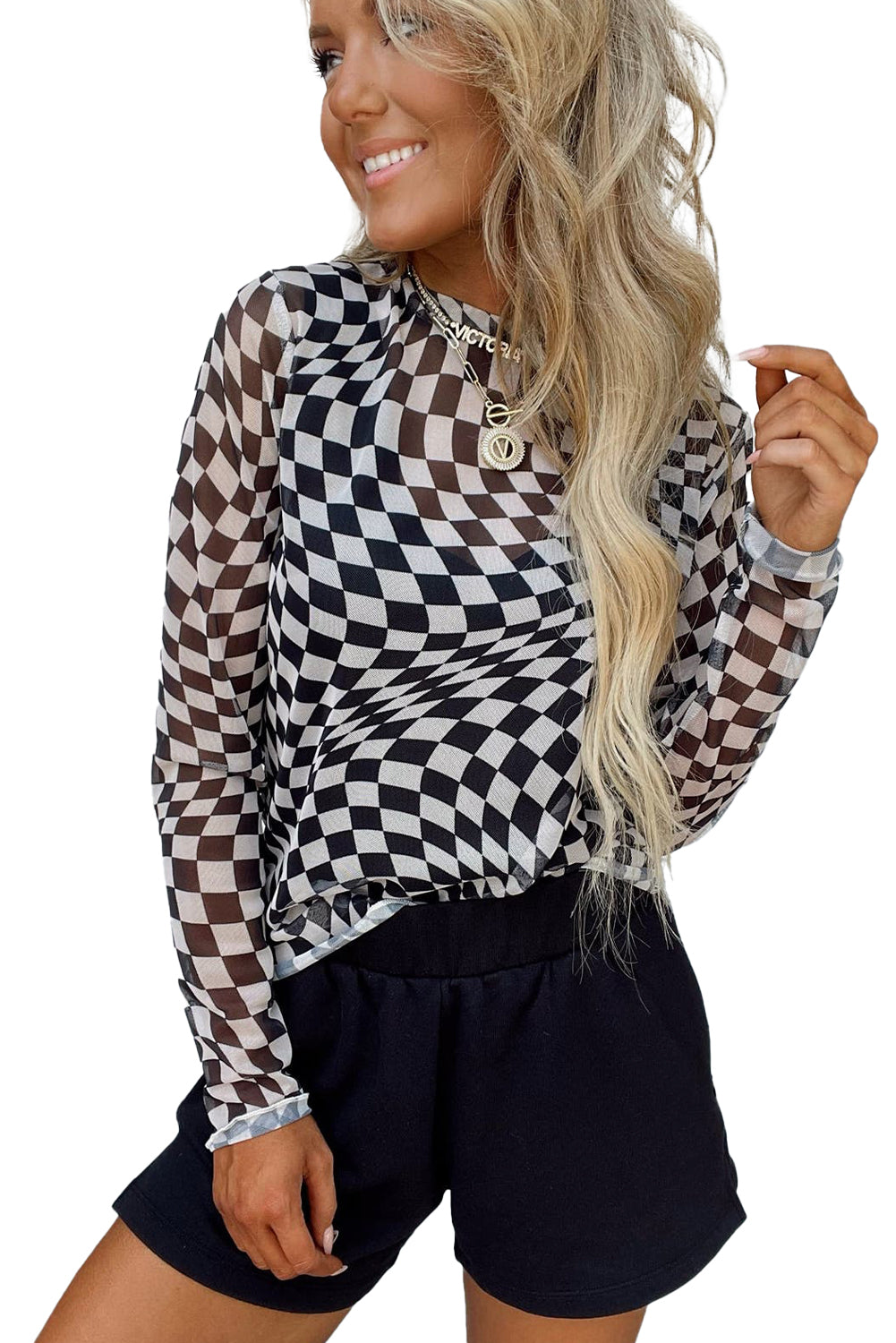 Rose Checkered Pattern Mesh Long Sleeve Top