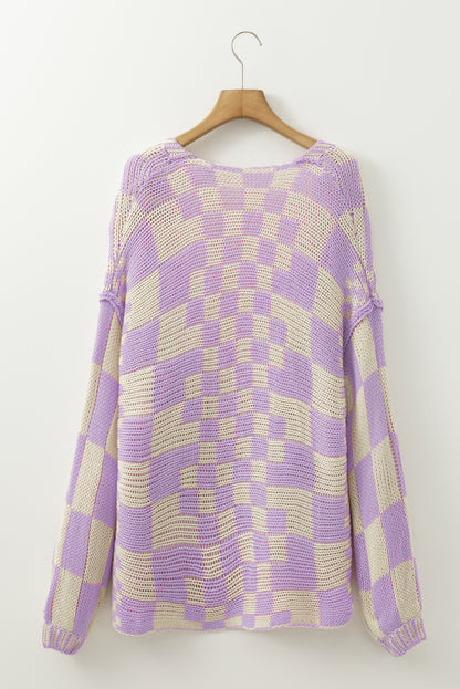 Dark Grey Colorblock Checked Loose Fit Open Front Knitted Cardigan