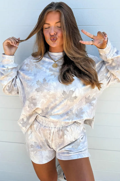 Beige Maple Camo Print Pullover Top and Elastic Waist Casual Short Set