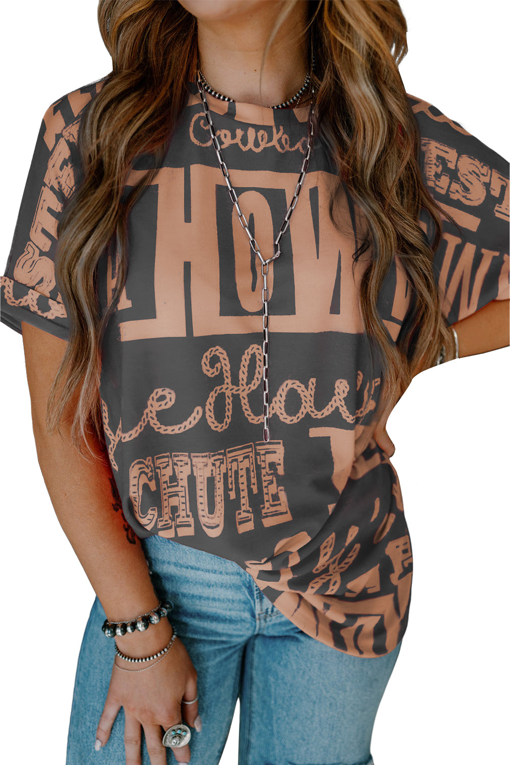 Dark Grey Vintage Letter Print Graphic Loose Tee