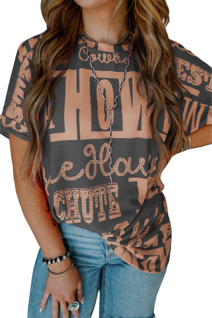 Dark Grey Vintage Letter Print Graphic Loose Tee