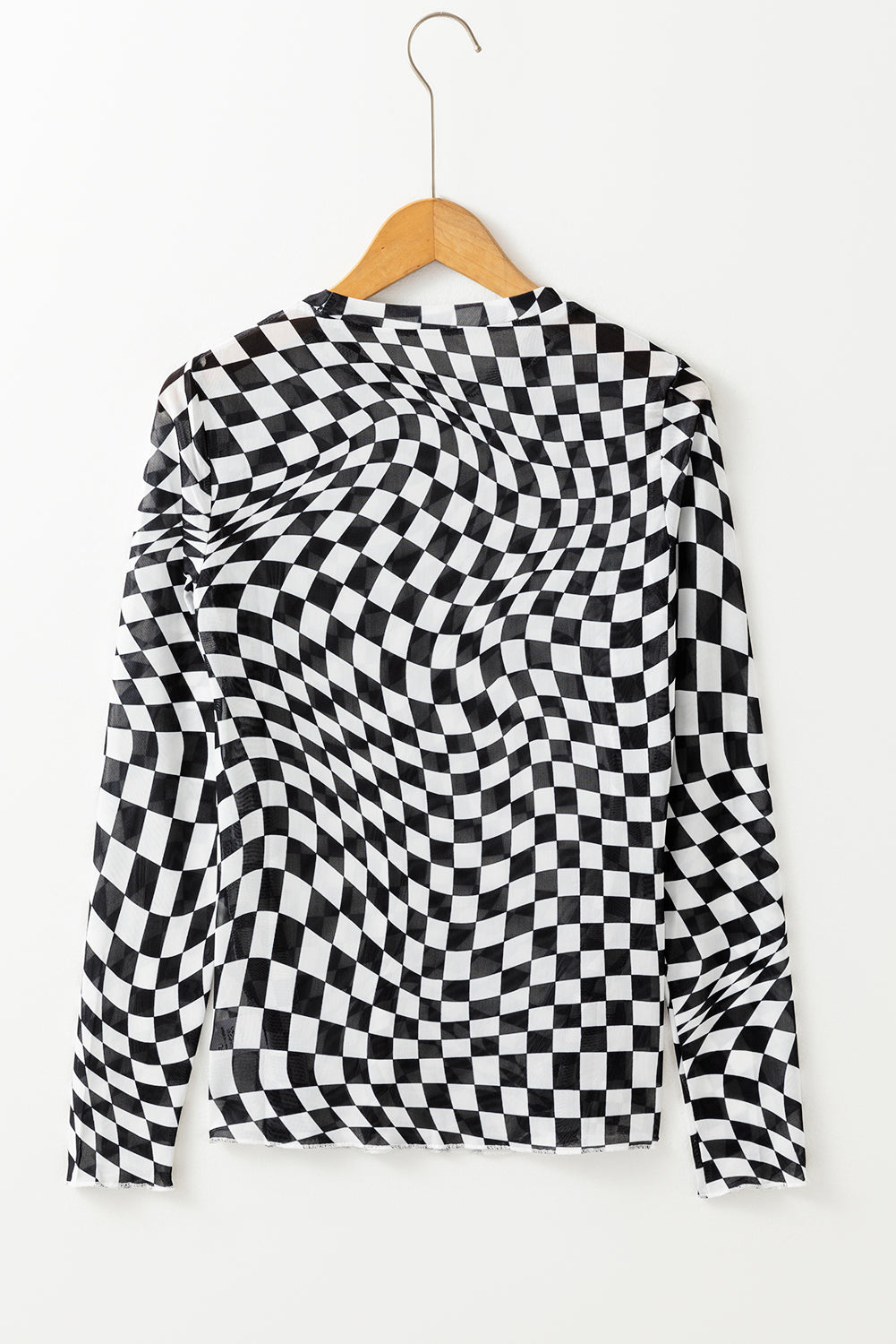 Rose Checkered Pattern Mesh Long Sleeve Top