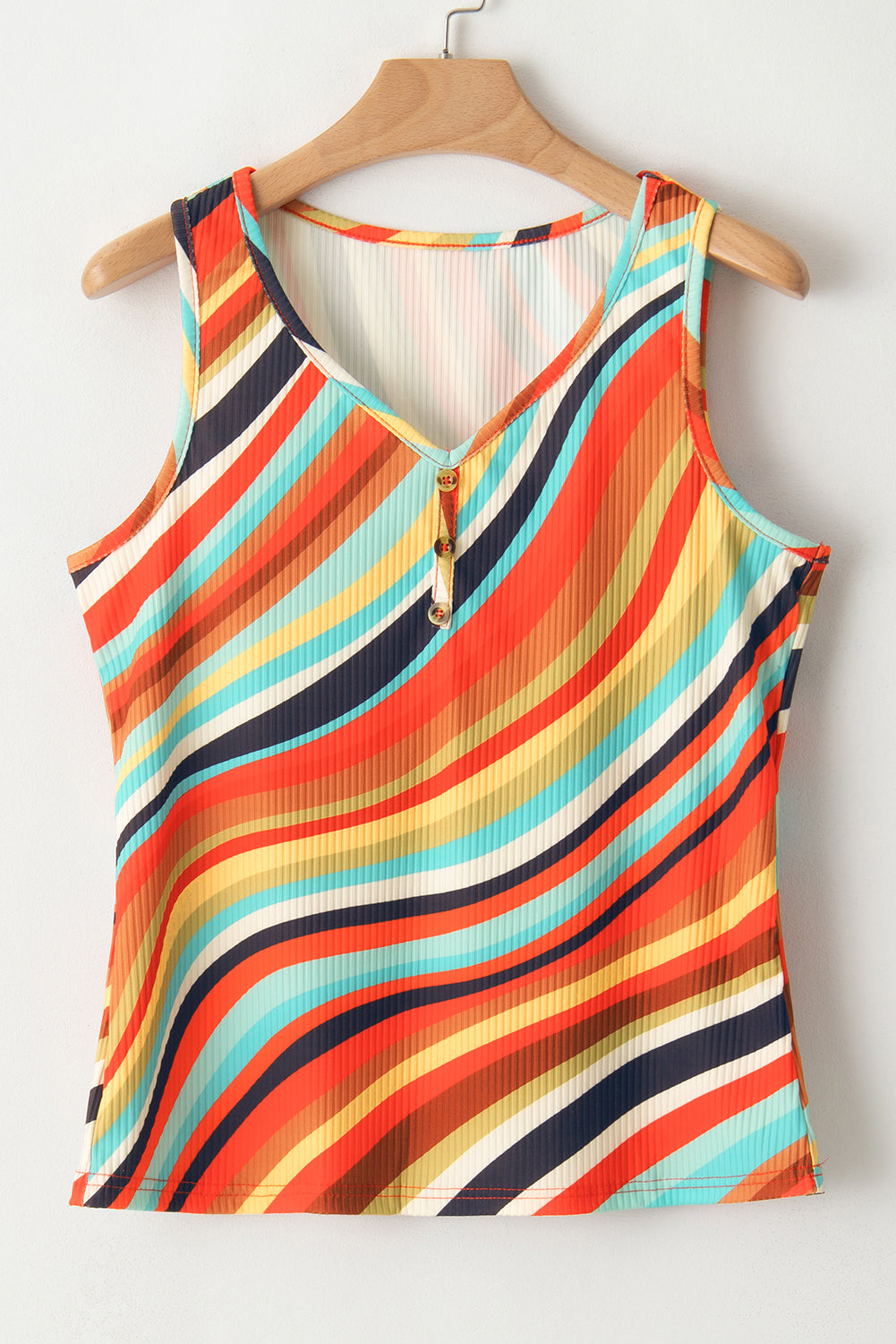 Multicolor Striped Print Henley Neck Tank Top