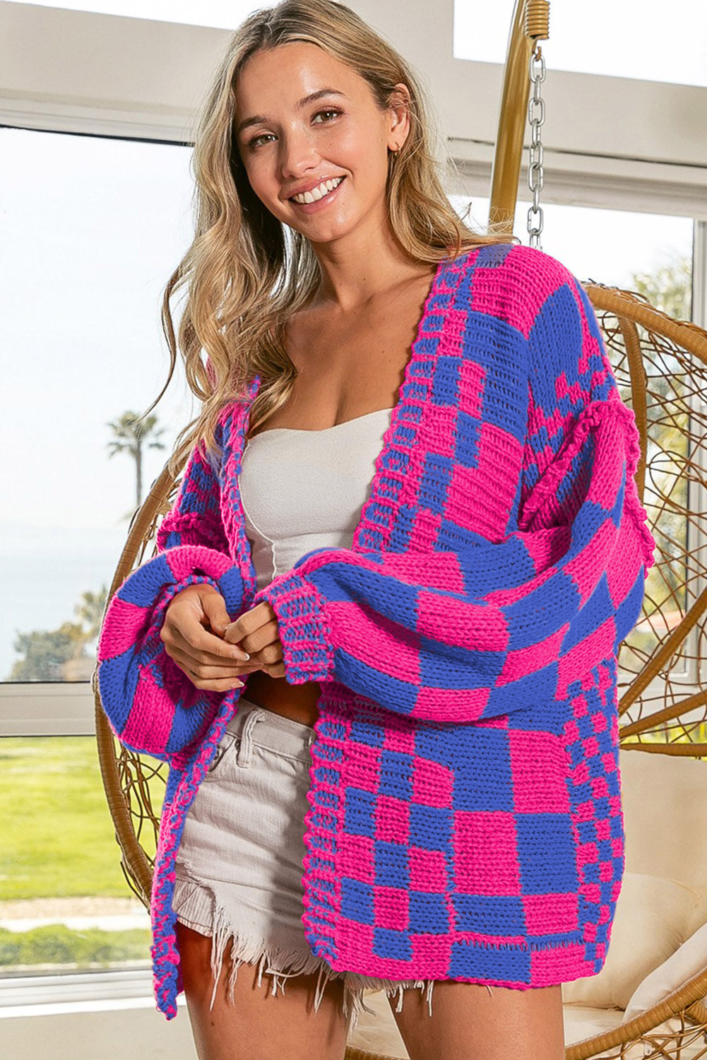 Dark Grey Colorblock Checked Loose Fit Open Front Knitted Cardigan