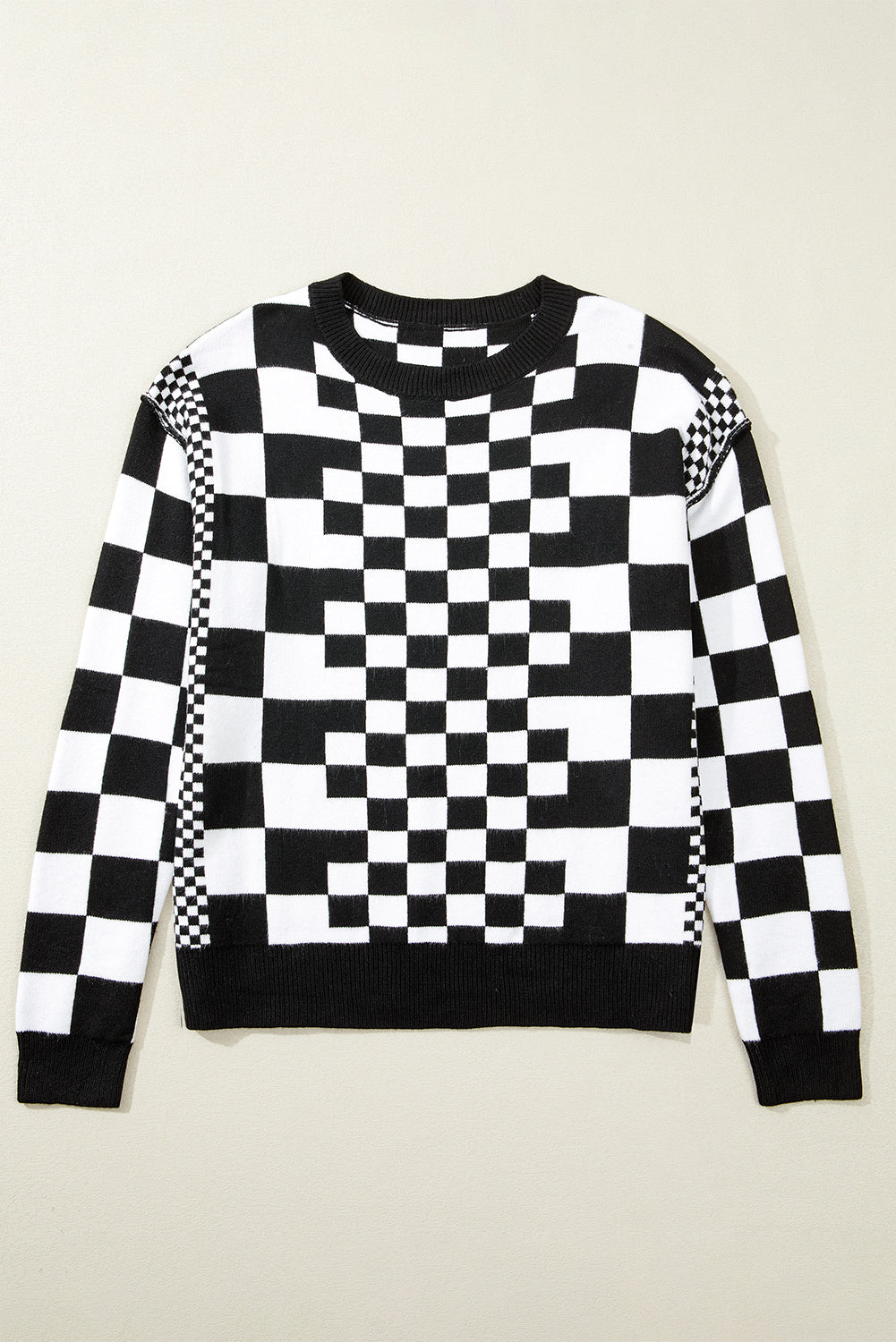 Black Checkered Drop Shoulder Round Neck Sweater