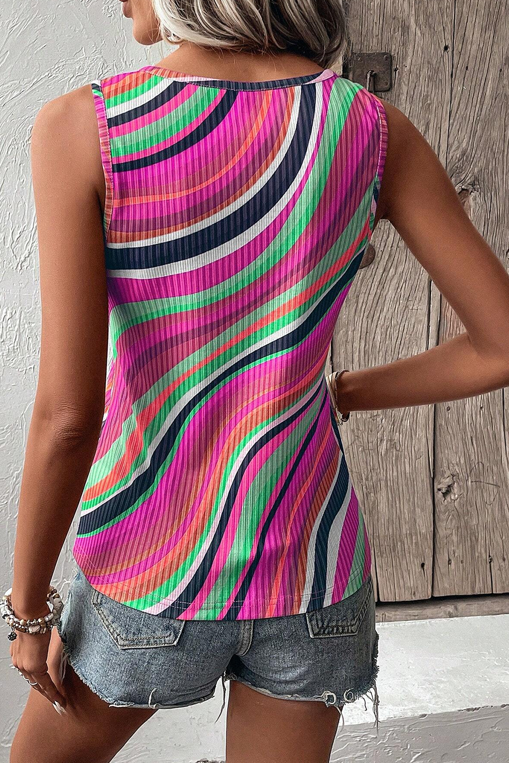 Multicolor Striped Print Henley Neck Tank Top