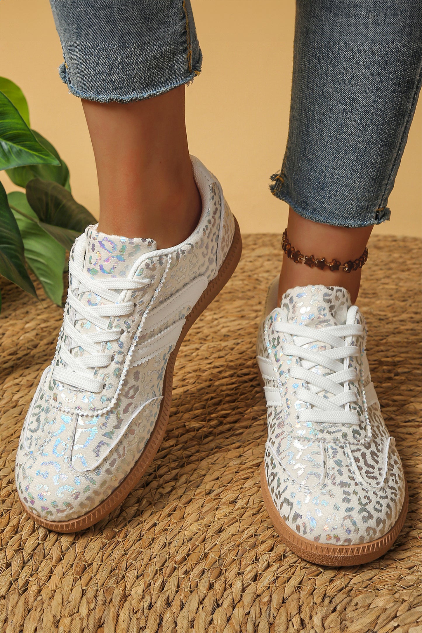 White PU Leather Detail Shimmer Leopard Printed Lace-up Sneakers
