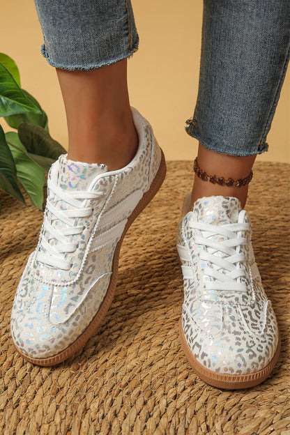 White PU Leather Detail Shimmer Leopard Printed Lace-up Sneakers