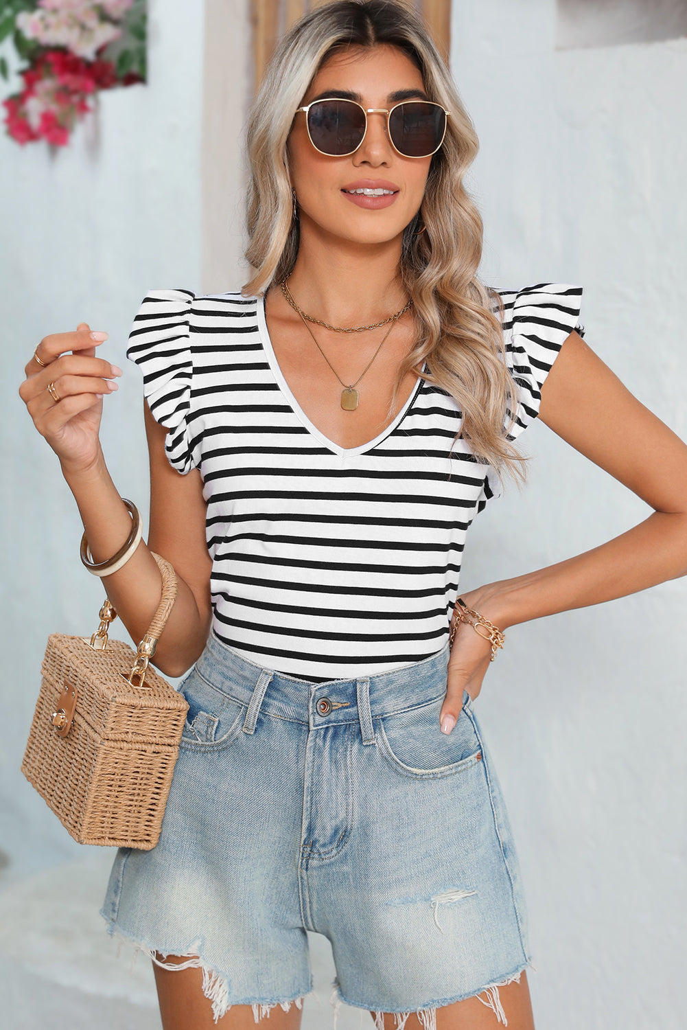 White Stripe V Neck Knotted Backless Ruffle T Shirt