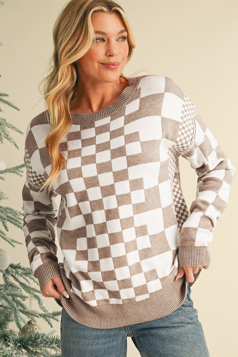 Black Checkered Drop Shoulder Round Neck Sweater