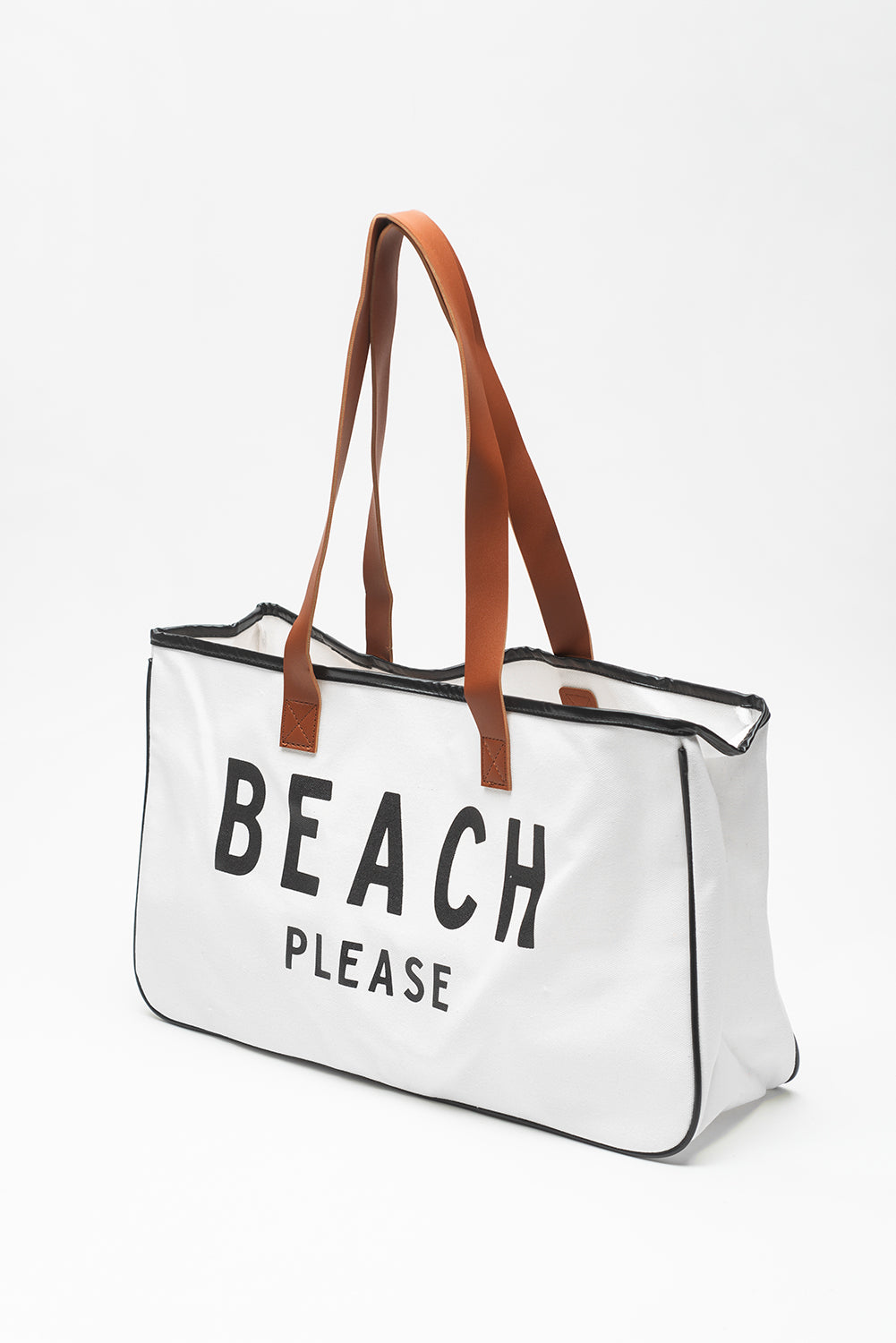 Bright White BEACH PLEASE Print Large Canvas Tote Bag