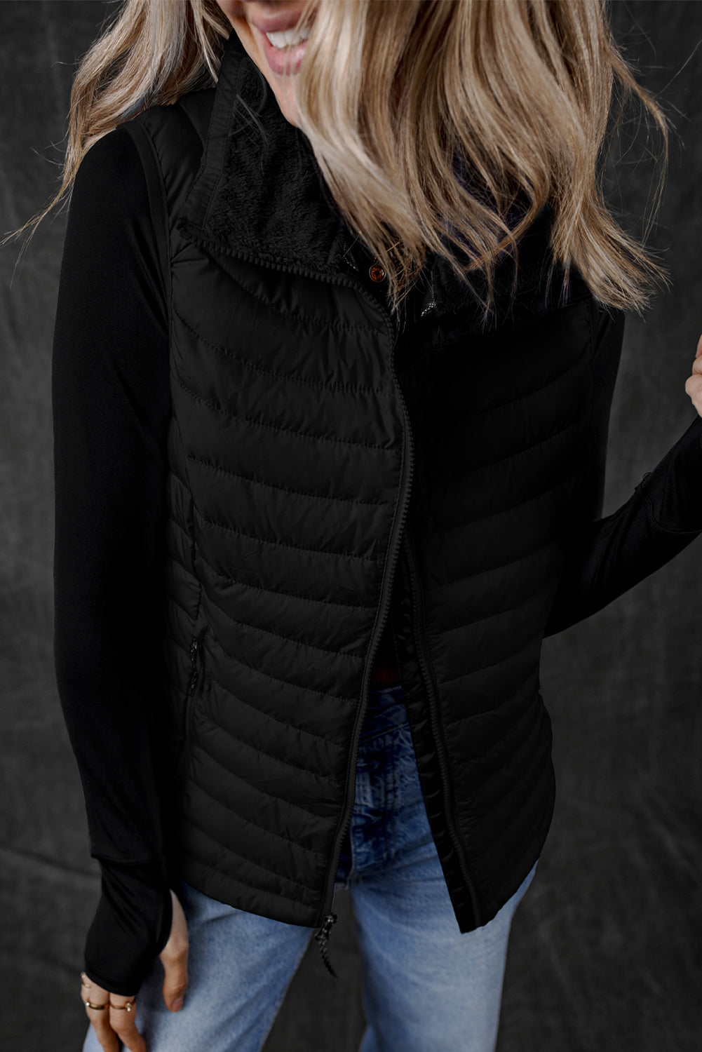 Silvery Plush Collared Quilted Zipped Puffer Vest