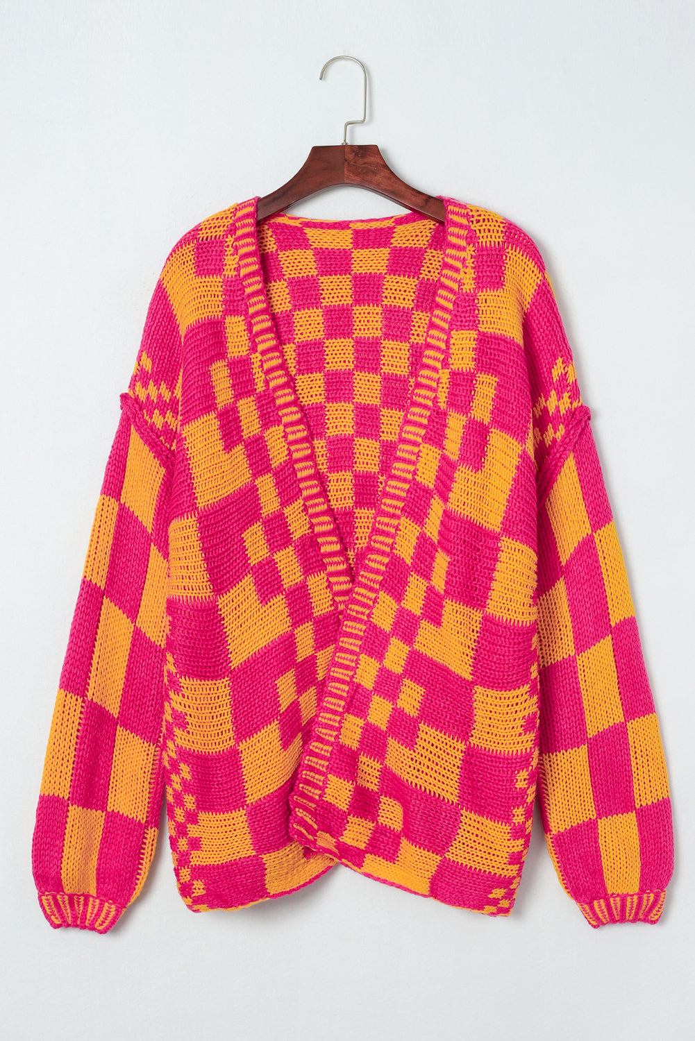 Dark Grey Colorblock Checked Loose Fit Open Front Knitted Cardigan