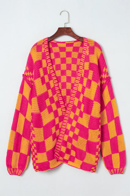 Dark Grey Colorblock Checked Loose Fit Open Front Knitted Cardigan