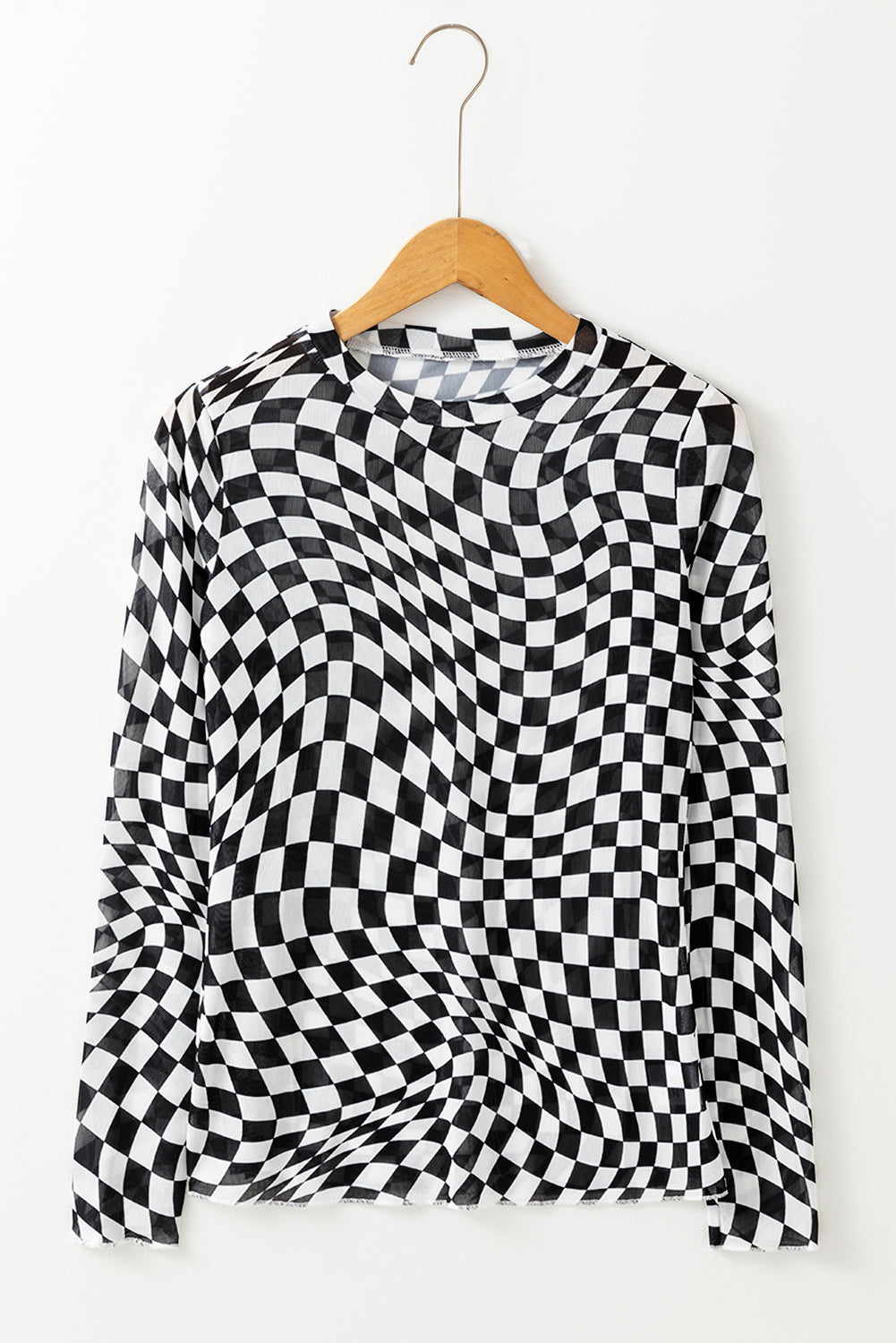 Rose Checkered Pattern Mesh Long Sleeve Top