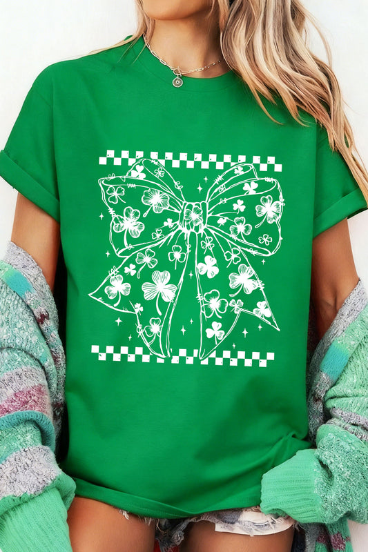 Bright Green Cute Clover Bow Checkered Detail Casual T Shirt