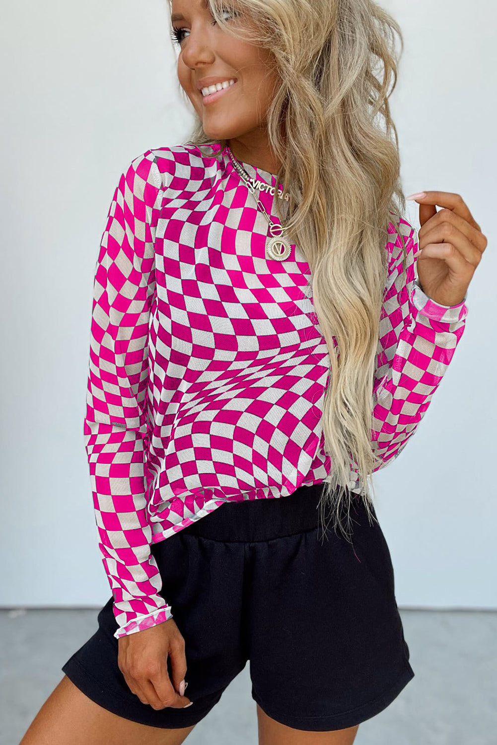 Rose Checkered Pattern Mesh Long Sleeve Top