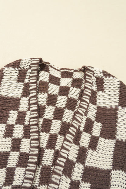 Dark Grey Colorblock Checked Loose Fit Open Front Knitted Cardigan